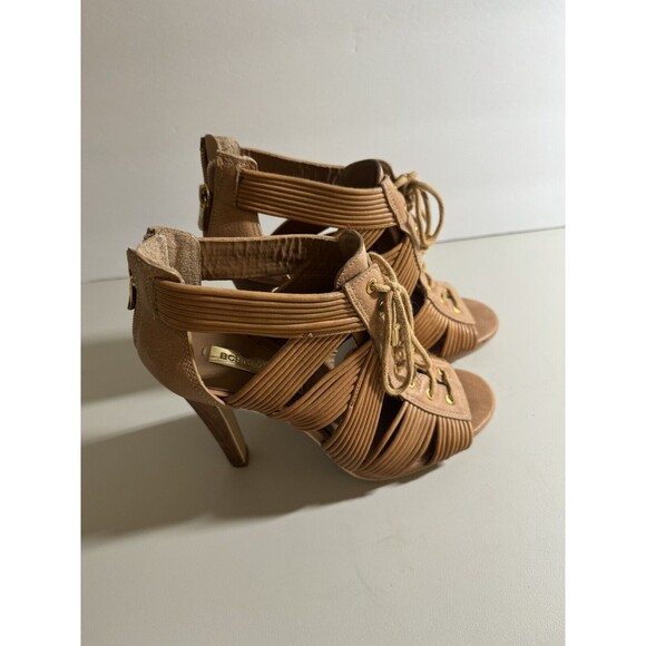 BCBG maxazaria Heels Shoes Gladiator Lace Up Woven Brown Peep Toe Boho Size 8.5 - Picture 4 of 14